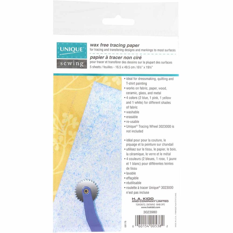 UNIQUE SEWING Tracing Paper Assorted Colours – 16.5 x 49.5cm (6 1/2 x 9 1/2) – 5 sheets
