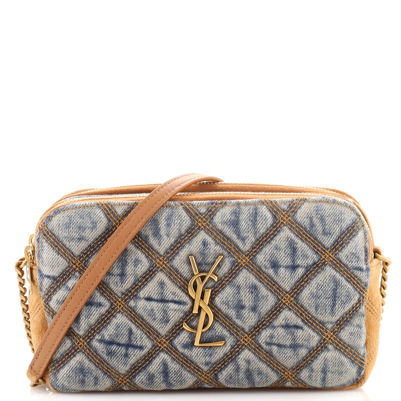 Becky Double Zip Crossbody Pouch Quilted Denim with Suede Mini