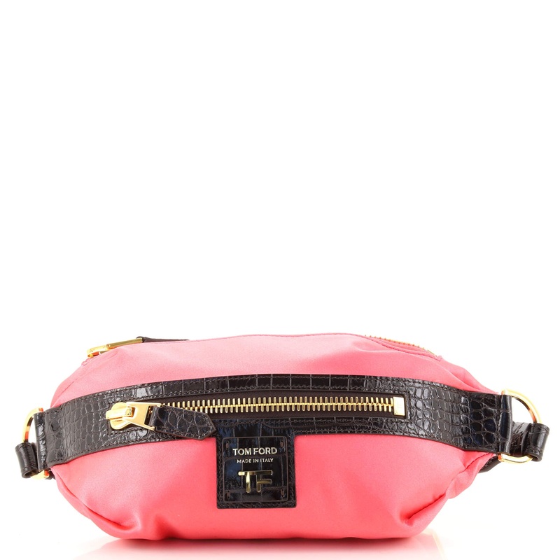 Zip Waist Bag Satin with Crocodile Embossed Leather