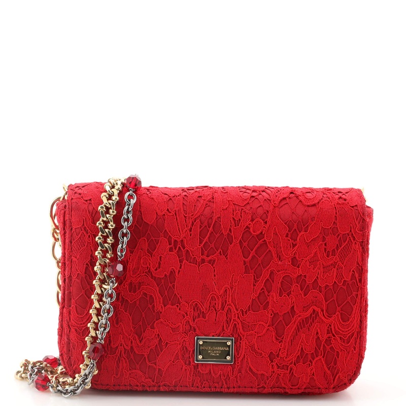 Bead Embellished Chain Flap Bag Lace and Satin Mini