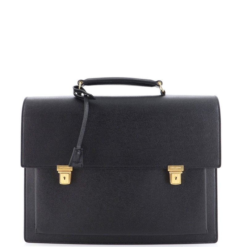 Double Buckle Flap Briefcase Leather Large