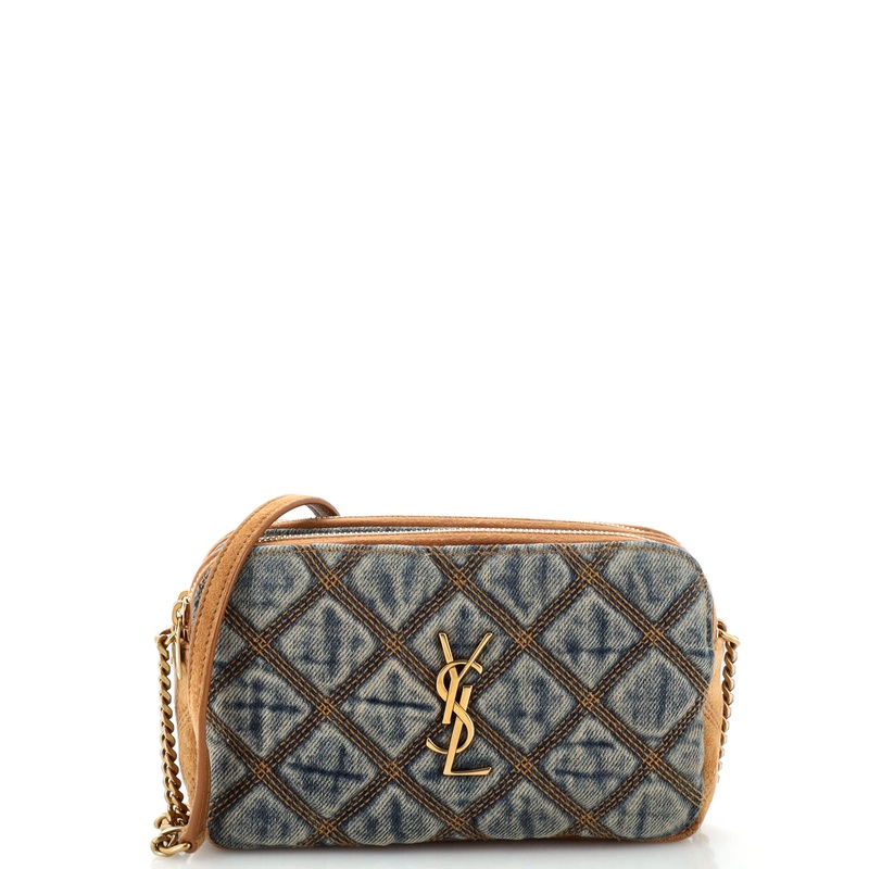 Becky Double Zip Crossbody Bag Quilted Denim with Suede Mini S744816860802