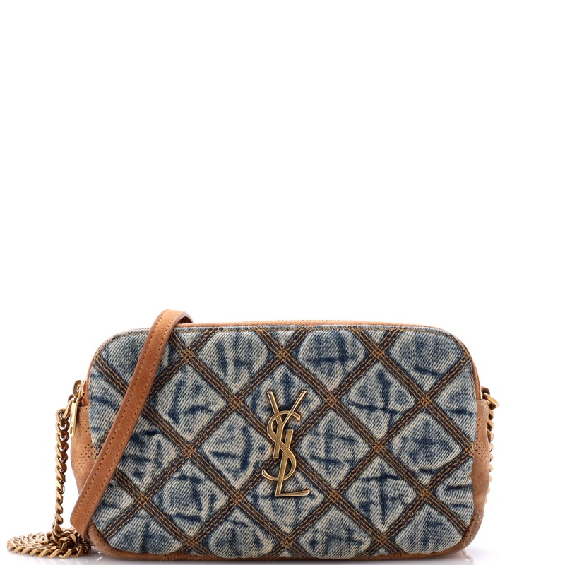 Becky Double Zip Crossbody Bag Quilted Denim with Suede Mini S744816837757