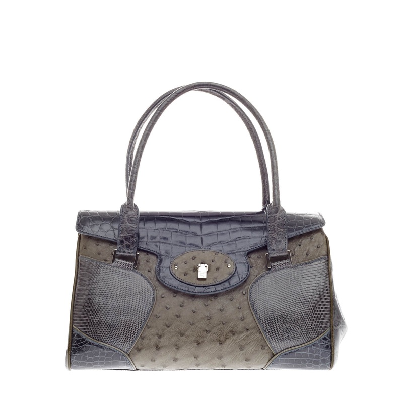 Top Flap Satchel Ostrich with Lizard and Crocodile Trim Medium