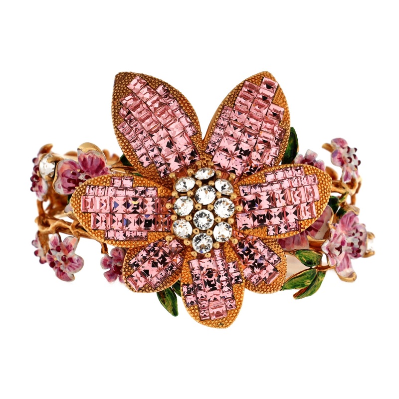Flower Cuff Bracelet Metal with Crystals and Enamel