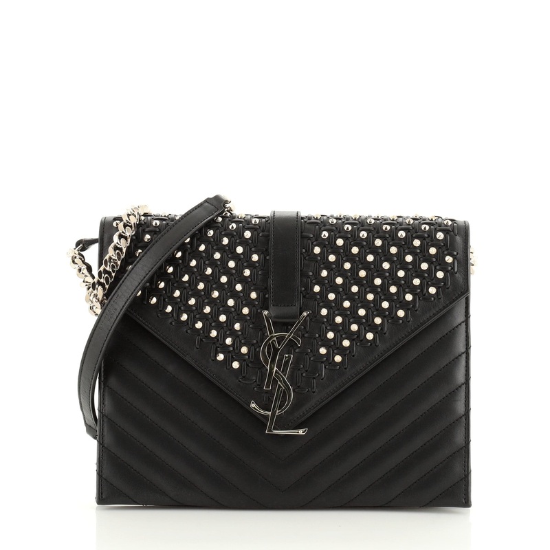 Classic Monogram Envelope Chain Bag Studded Woven Matelasse Chevron Leather Medium