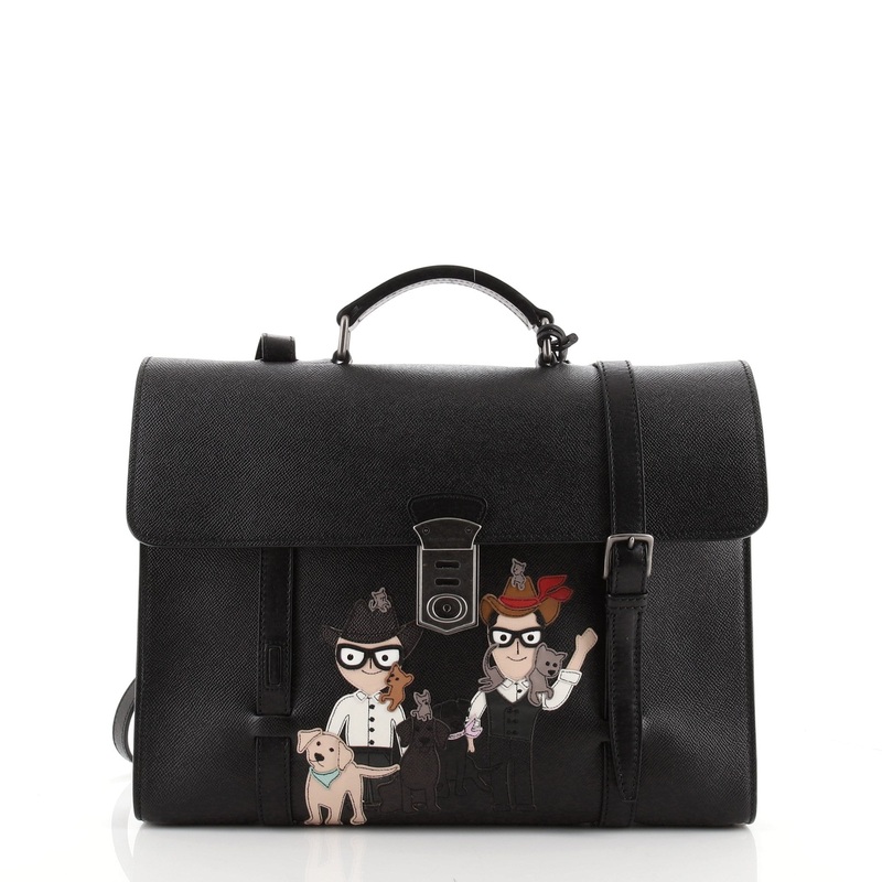Double Buckle Flap Briefcase Leather with Applique Medium