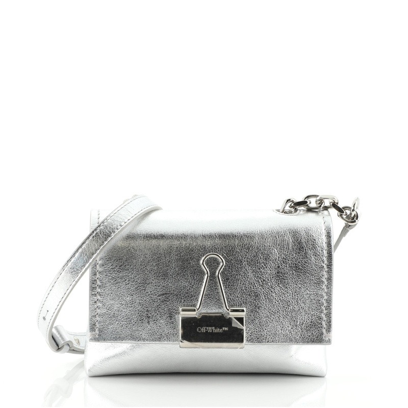 Binder Clip Chain Flap Bag Stripe Embossed Leather Small